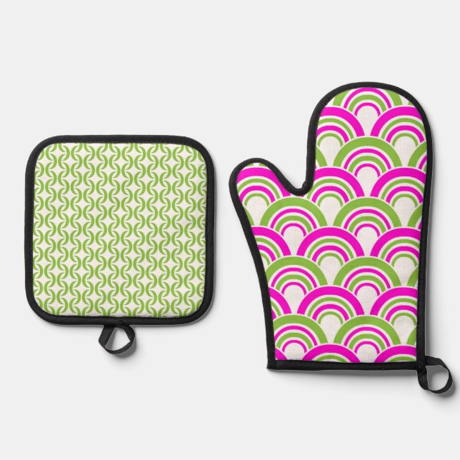 BRIGHT HOT PINK & LIME GREEN PATTERNS OVEN MITT & POT HOLDER SET (Front)
