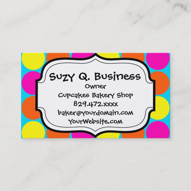 Bright Hot Pink Orange Yellow Polka Dots Pattern Business Card (Front)