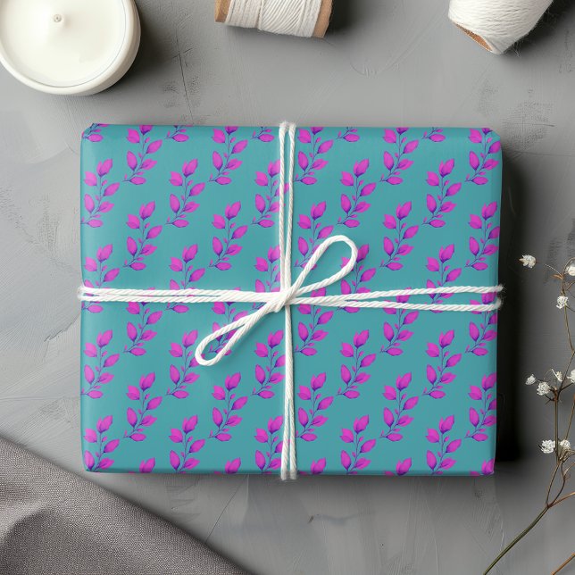 Bright Hot Pink & Turquoise Watercolor Botanical Wrapping Paper Sheet (Creator Uploaded)