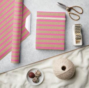 Bright Hot Summer Pink Stripes Faux Brown Kraft Wrapping Paper