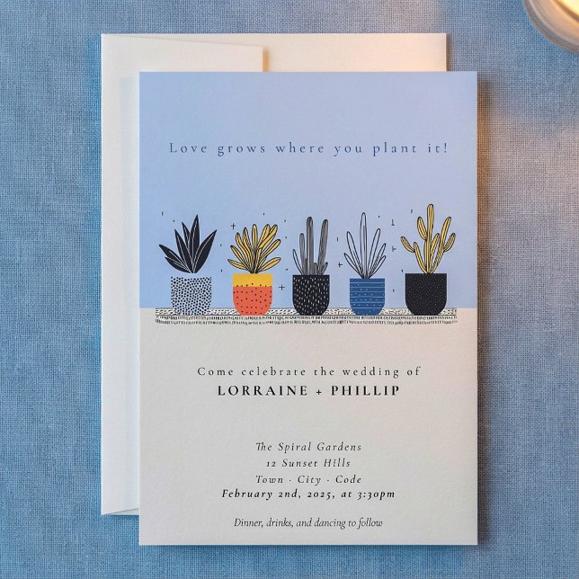 Bright house plant lover wedding invitation (Bright house plant lover wedding invitation.)