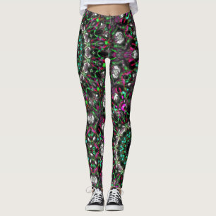 Bright hue on dark in medallion-style kaleidoscope leggings