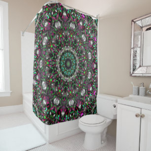Bright hue on dark in medallion-style kaleidoscope shower curtain