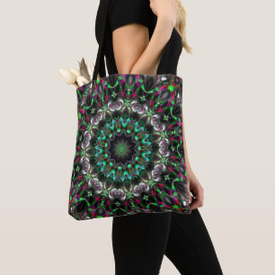 Bright hue on dark in medallion-style kaleidoscope tote bag