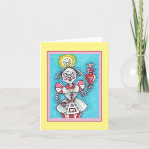 BRIGHT IDEA GIRL ROBOT, COLORFUL MECHANICAL HEARTS HOLIDAY CARD