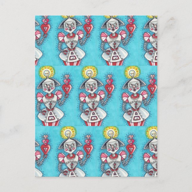 BRIGHT IDEA GIRL ROBOT, COLORFUL MECHANICAL HEARTS HOLIDAY POSTCARD (Front)