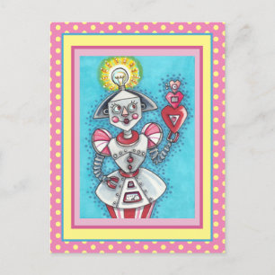 BRIGHT IDEA GIRL ROBOT, COLORFUL MECHANICAL HEARTS HOLIDAY POSTCARD