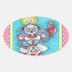 BRIGHT IDEA GIRL ROBOT, COLORFUL MECHANICAL HEARTS OVAL STICKER