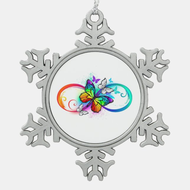 Bright infinity with rainbow butterfly snowflake pewter christmas ornament (Front)