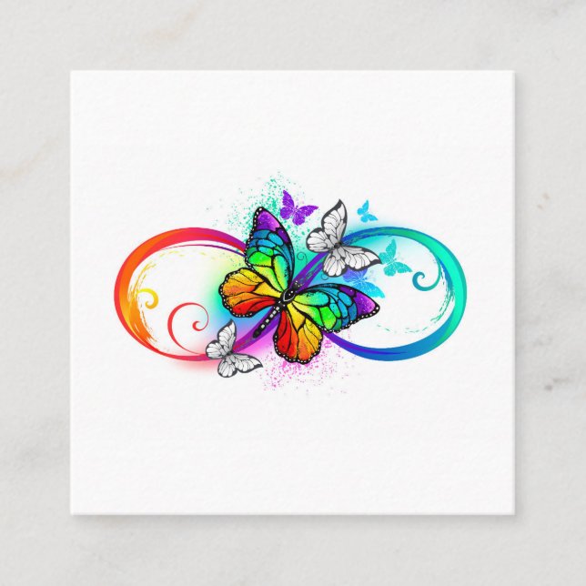 Bright infinity with rainbow butterfly square business card (Front)