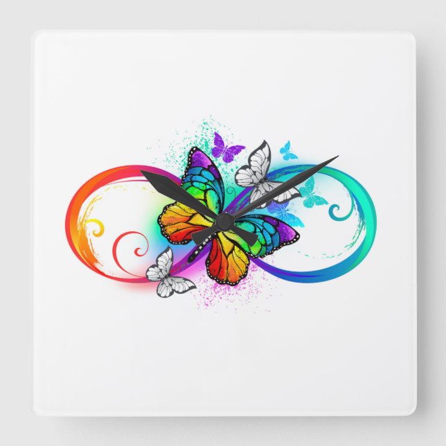 Bright infinity with rainbow butterfly square wall clock (Front)