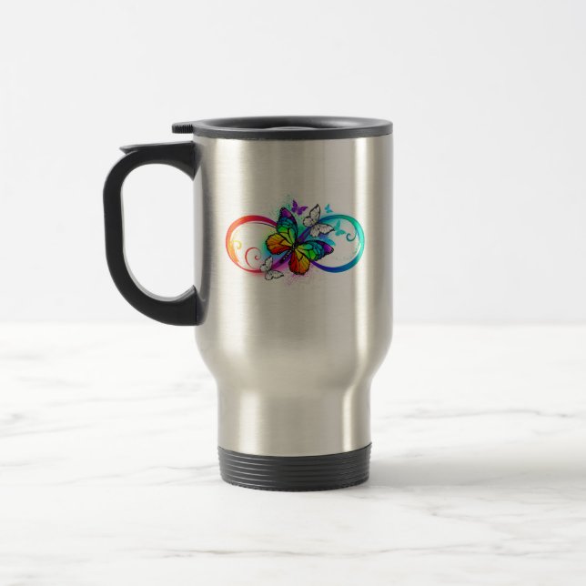 Bright infinity with rainbow butterfly travel mug (Left)
