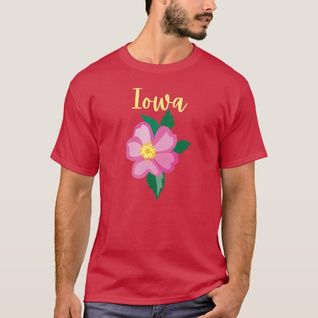 Bright Iowa Prairie Rose Yellow Text State Flowers T-Shirt (Front)