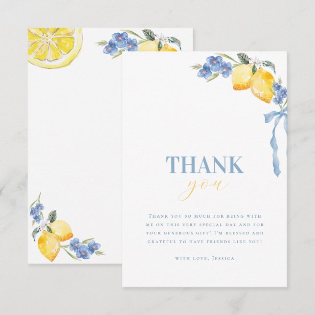 Bright Italian Blue Bow Lemon Floral Bridal Shower Thank You Card (Front/Back)
