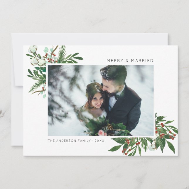 Bright Joy | Merry & Married Mistletoe Sprig Photo Holiday Card (Front)