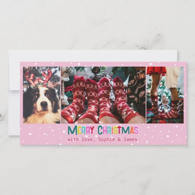 Bright & Joyful Merry Christmas 3 Photo Collage Holiday Card (Front)