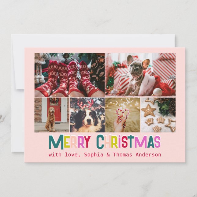 Bright & Joyful Merry Christmas 6 Photo Blush Pink Holiday Card (Front)