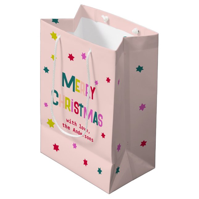Bright & Joyful Merry Christmas Personalised Pink Medium Gift Bag (Front Angled)