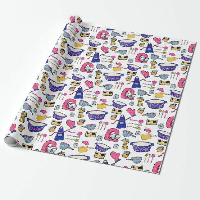 Bright Kitchen Utensils Chef Baker pattern Wrapping Paper (Unrolled)