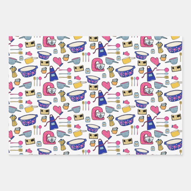 Bright Kitchen Utensils Chef Baker pattern Wrapping Paper Sheet (Front)