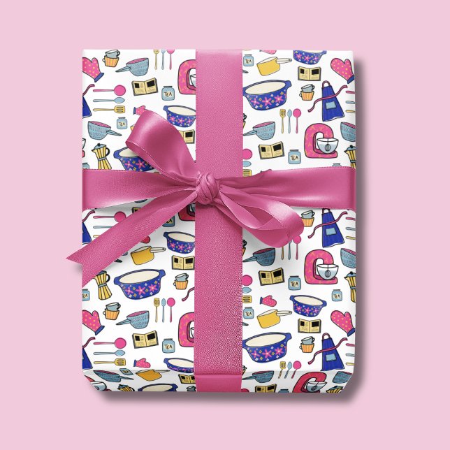Bright Kitchen Utensils Chef Baker pattern Wrapping Paper Sheet (Kitchen Utensil Wrapping Paper Rolls)