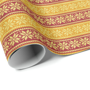 Bright Knitted Christmas Snowflake Red Yellow Wrapping Paper