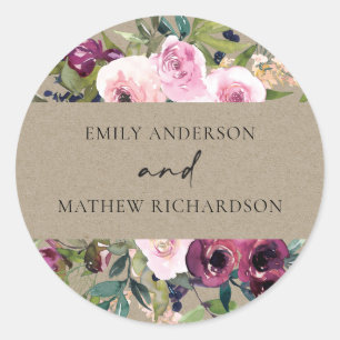 BRIGHT KRAFT BLUSH BURGUNDY FLORAL BUNCH WEDDING CLASSIC ROUND STICKER