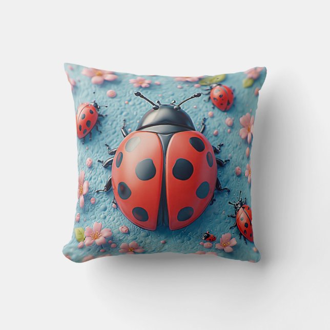 Bright Ladybugs Among Sakura Blossoms  Cushion (Front)