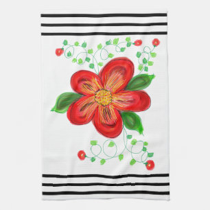 Bright large red floral tea towel