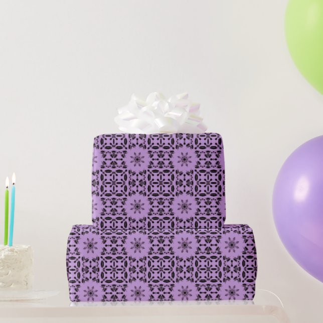 Bright lavender purple ebony black star flower wrapping paper (Party Gifts)