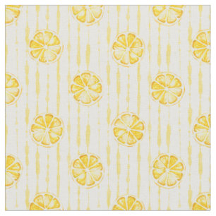 Bright Lemon Slices on Striped Background Fabric