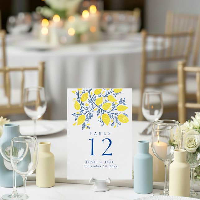 Bright lemon vines Table Number Seating Chart (Bright yellow and blue wedding table number place card.)