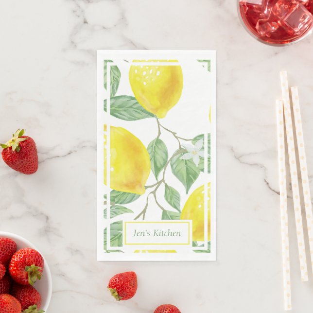 Bright Lemons and Leaves Custom Text Napkin (Insitu)