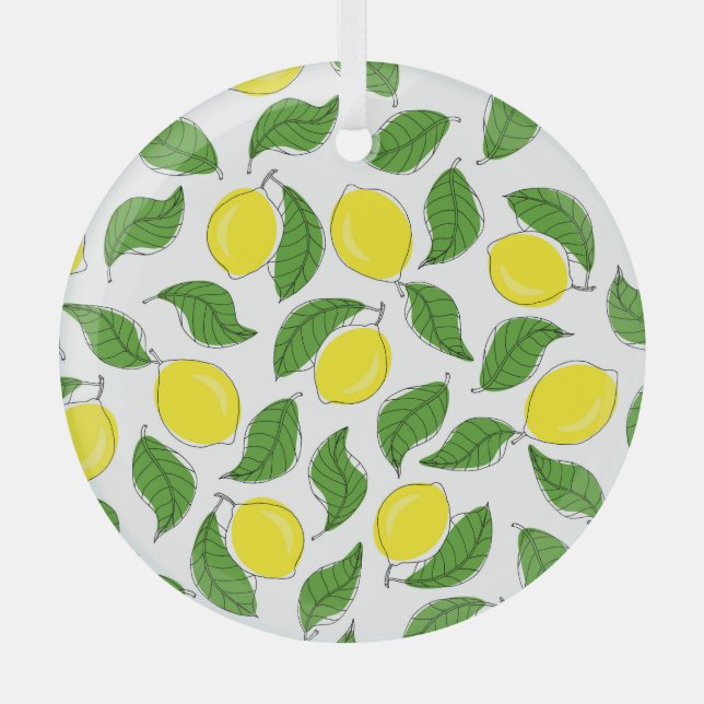 Bright Lemons Green Leaves Pattern Glass Tree Decoration (Front)