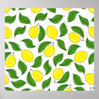 Bright Lemons Green Leaves Pattern Poster