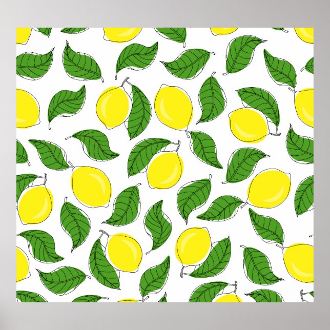Bright Lemons Green Leaves Pattern Poster (Front)