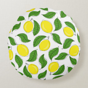 Bright Lemons Green Leaves Pattern Round Cushion