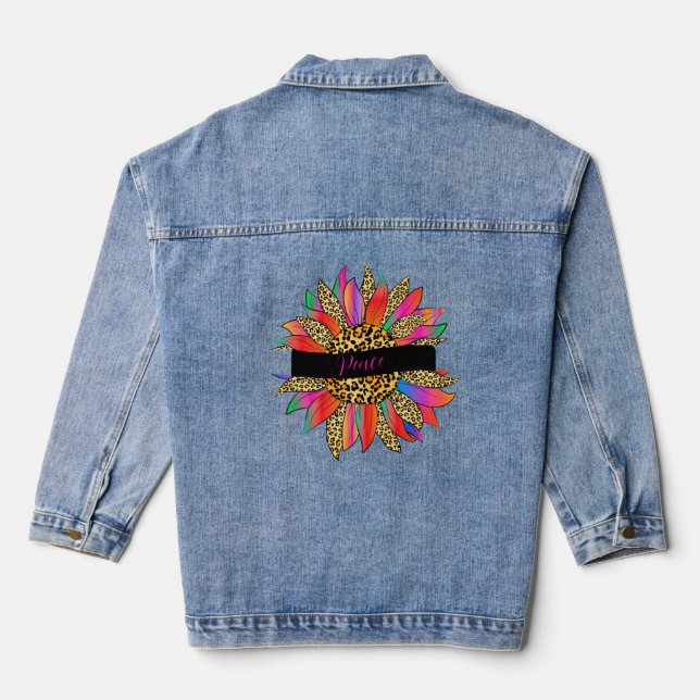 Bright leopard sunflower custom denim jacket (Back)
