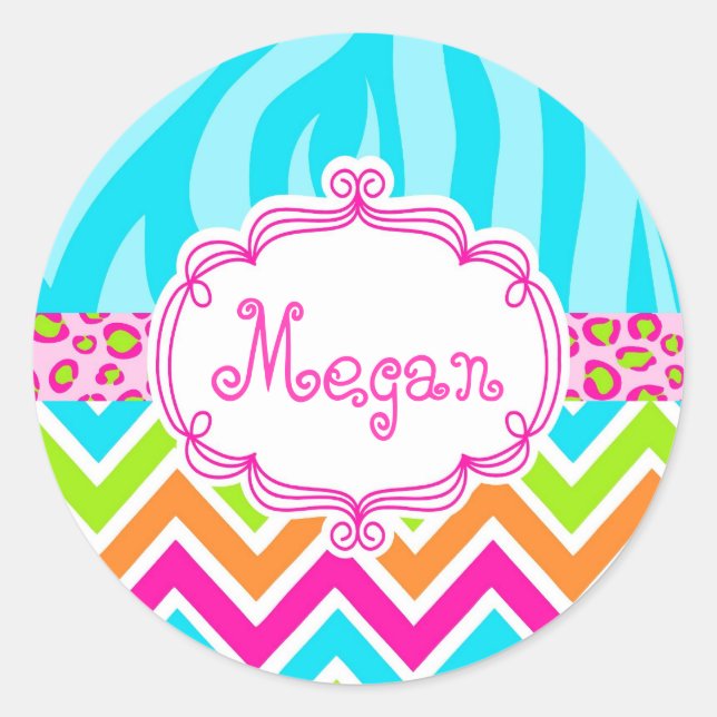 Bright Leopard Zebra Print Chevron Monogram Classic Round Sticker (Front)