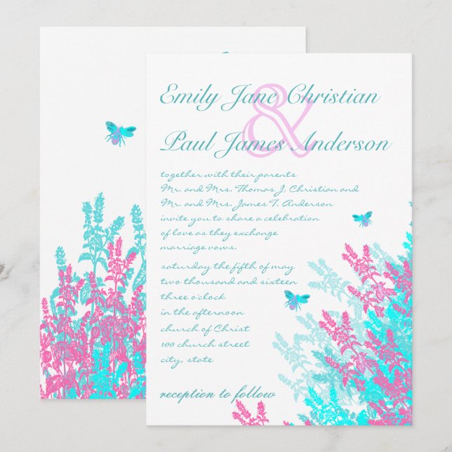 Bright Light Aqau Blue Hot Pink Wild Flowers Bees Invitation (Front/Back)