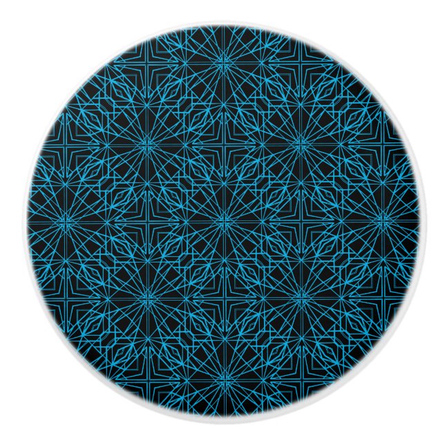 Bright Light Blue Black Geometric Symmetry Pattern Ceramic Knob (Front)