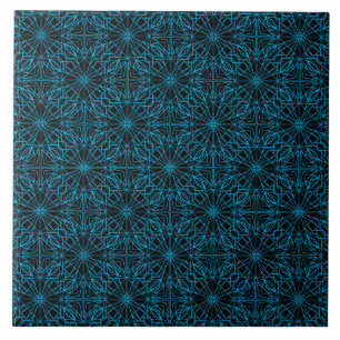 Bright Light Blue Black Geometric Symmetry Pattern Tile