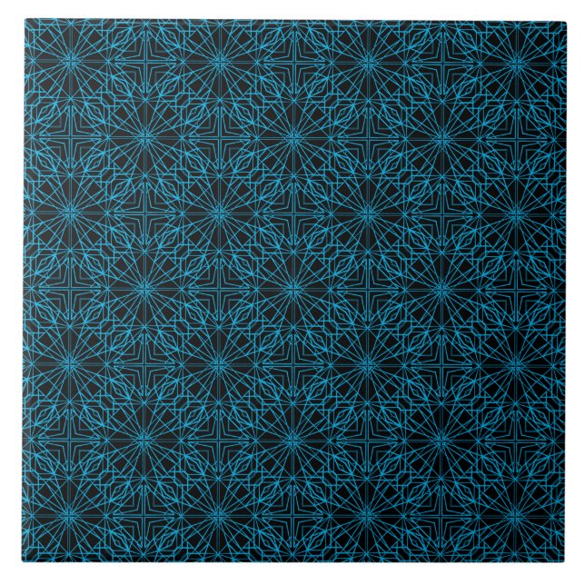 Bright Light Blue Black Geometric Symmetry Pattern Tile (Front)
