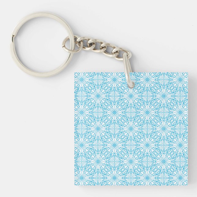Bright Light Blue White Geometric Symmetry Pattern Key Ring (Front)
