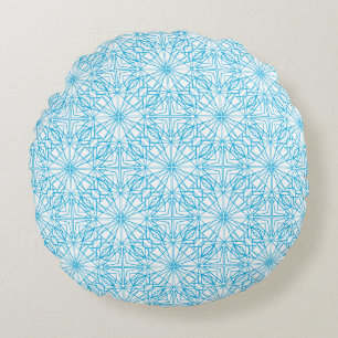 Bright Light Blue White Geometric Symmetry Pattern Round Cushion
