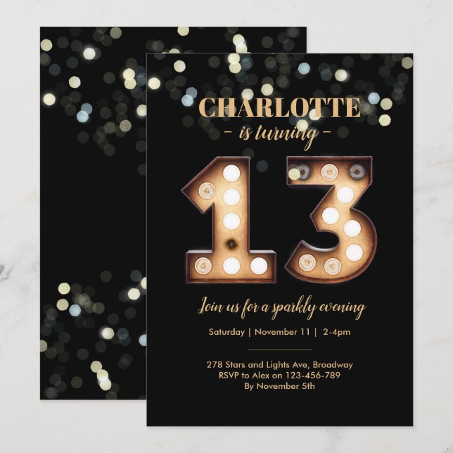 Bright Lights Sparkly 13th birthday invitation (Front/Back)