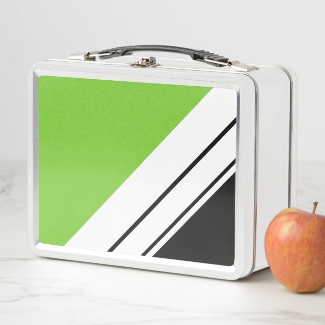 Bright Lime Black White Diagonal Racing Stripes Metal Lunch Box (In Situ)