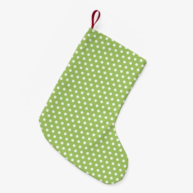 Bright Lime Green And White Polka Dots Pattern Small Christmas Stocking (Front (Hanging))