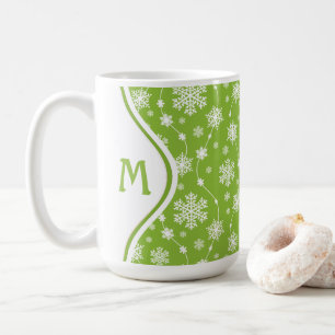 Bright Lime Green Winter White Snowflake Monogram Coffee Mug