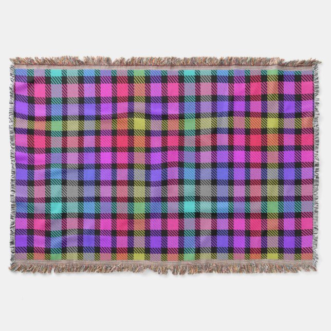 Bright Madras Plaid Rainbow Check Throw Blanket (Front)